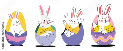 Cute easter bunny characters sitting in decorated eggs playful spring holiday illustration set with pastel colors and adorable rabbit doodles