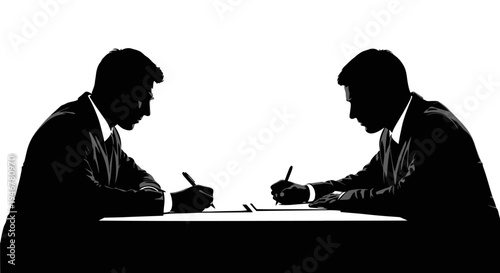 Businessmen signing contract, silhouette of two men in suits at a table, teamwork and agreement concept