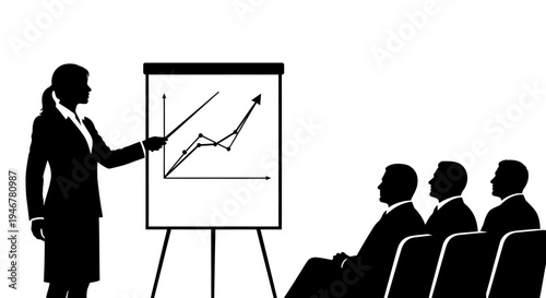 Businesswoman Presenting Growth Chart on Flip Chart to Audience in Meeting Room