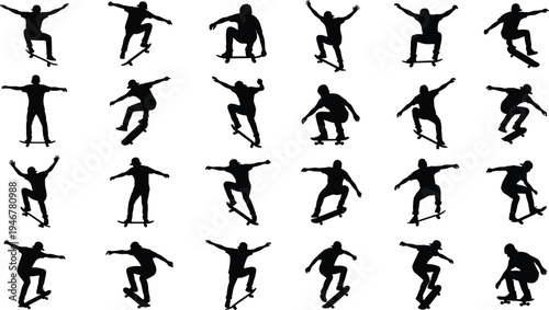 Skateboarder silhouettes collection, skateboarding tricks and jumps set, extreme sport skater vector silhouettes isolated action illustration bundle
