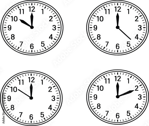 Four analog clocks showing different times