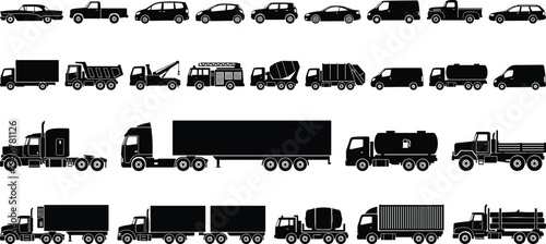 Truck and vehicle silhouettes collection, cargo transport trucks set, delivery logistics transport vector silhouettes isolated illustration bundle
