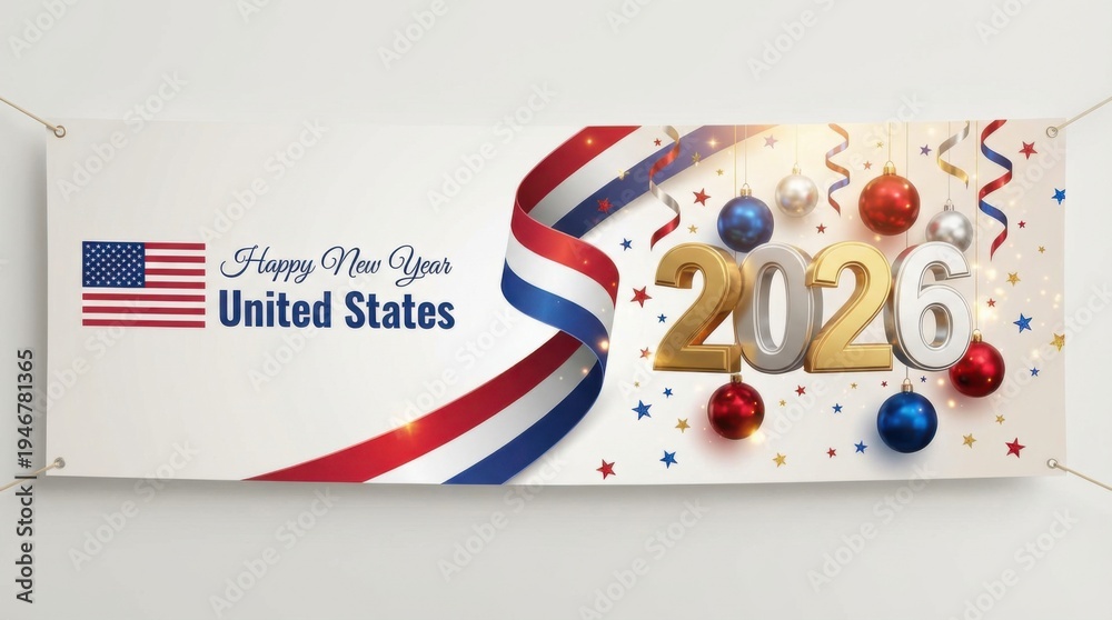Obraz premium united states new year 2026 banner with waving ribbon in national flag colors