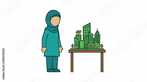 Muslim Woman in Teal Hijab and Tunic Standing Beside Miniature City Model on Table