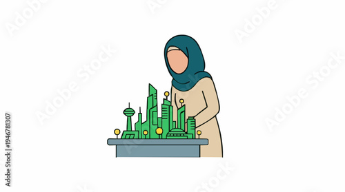 Muslim woman architect examining a green futuristic city model on a table with a white background and vibrant lighting