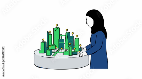Woman in Blue Outfit and Hijab Examines Green Cityscape Model with Yellow Lights on a Round Platform Studio Lighting