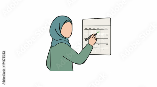 Woman wearing a teal hijab and green tunic writing on a grid calendar planning schedule appointment task management with a pen