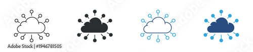 Cloud network connection icon set. Cloud computing with multiple nodes and digital communication concept. Data network technology symbol. Line, solid and color style. Vector illustration.