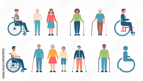 Accessibility symbols depicting people with disabilities and accessible sign flat minimal vector illustration set isolated on white background