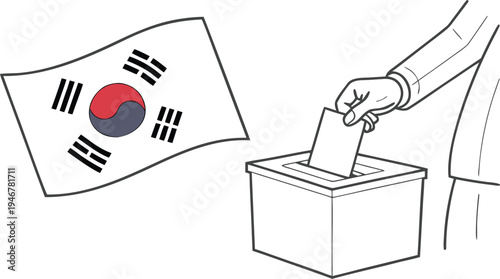 South Korea election day concept with hand placing ballot voting ballot box flag
