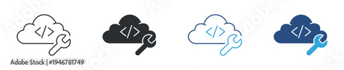 Cloud development and maintenance icon set. Cloud coding with wrench tool concept. Software development and cloud service management symbol. Line, solid and color style. Vector illustration.