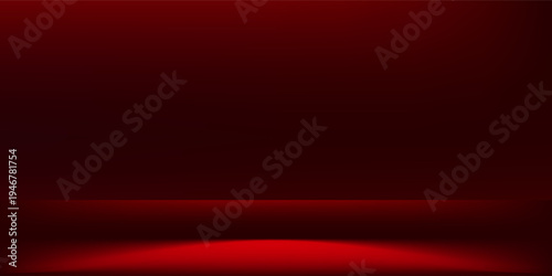 Red studio background. Abstract limbo podium studio room. Dark red gradient wall floor and spotlight scene. Showcase, promotion display. Vector stage mockup illustration