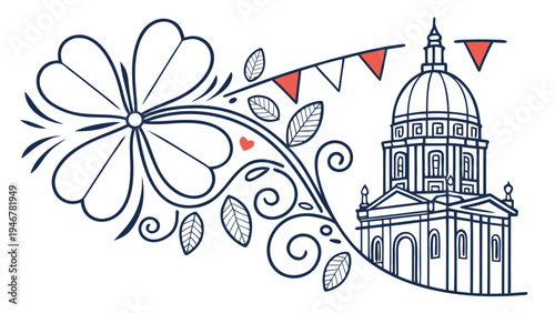 Irish June bank holiday with shamrock flower and Dublin city hall building