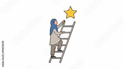 Woman in hijab climbing a ladder towards a golden star against a white background illustrating aspiration and achievement