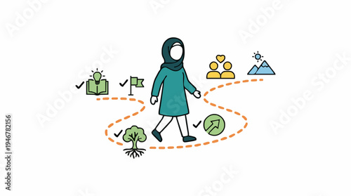 Young Woman in Teal Hijab and Dress Walks Path of Growth with Symbols of Success and Goals in Light Background
