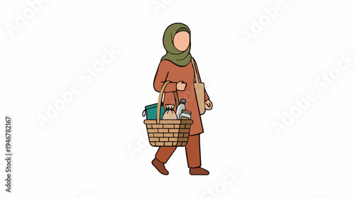 Person Wearing Hijab Carrying a Wicker Basket Full of Groceries Walking Sideways with a Neutral Expression and Simple Clothing