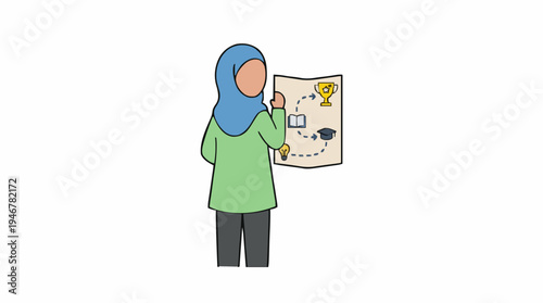 Woman Wearing Blue Hijab and Green Blouse Points to a Strategy Map with Icons of Trophy and Graduation Cap Against a White Background