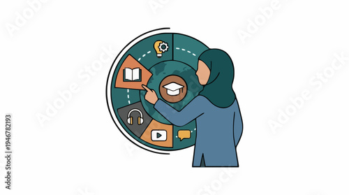 Person Interacting With Futuristic Digital Interface Displaying Education Icons And Globe Representation
