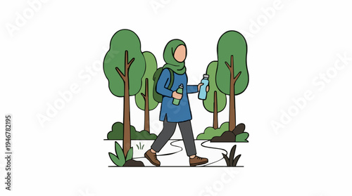 Woman in Green Hijab and Blue Tunic Walks on Forest Path Holding Water Bottle and Phone