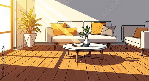A sunlit living room with clean lines, featuring a plush sofa, armchair, and a plant