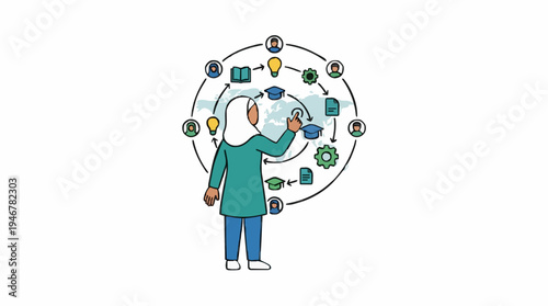 Diverse Global Network Connections Woman Interacting With Digital Interface Showing World Map And Business Icons