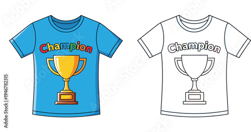 Blue champion t-shirt with golden trophy cup print and black and white outline version for coloring book. Vector illustration.