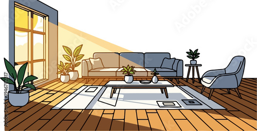 Cozy living room bathed in warm sunlight, featuring a sofa, armchair, coffee table, and plants