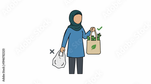 Woman in Hijab Carries Reusable Shopping Bag with Fresh Produce and Discards Plastic Bag Demonstrating Eco Conscious Choice