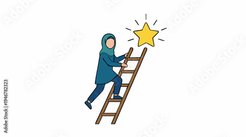 Muslim Woman Climbs Ladder Towards Glowing Star Achieving Success and Goals in Life