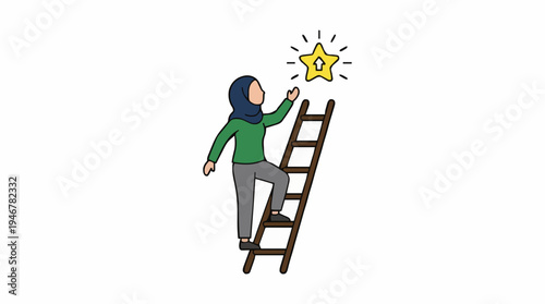 Woman in Green Top and Hijab Climbs Ladder Towards Glowing Star Achieving Goals and Success Concept