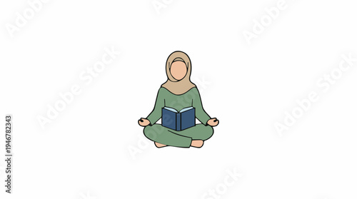 Woman Wearing Hijab and Green Dress Meditating While Reading a Book in a Cross-Legged Pose Against a White Background