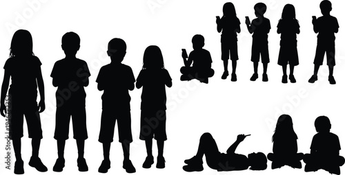 Silhouette illustration of children in various poses and group activities, showing diversity, play, interaction, and body language in childhood social dynamics concept