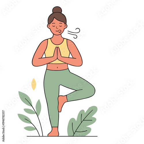 A woman practices yoga outdoors in a serene forest with tree leaves.