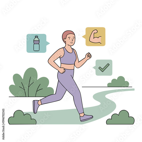 Woman jogging outdoors on a path with fitness icons and nature surroundings