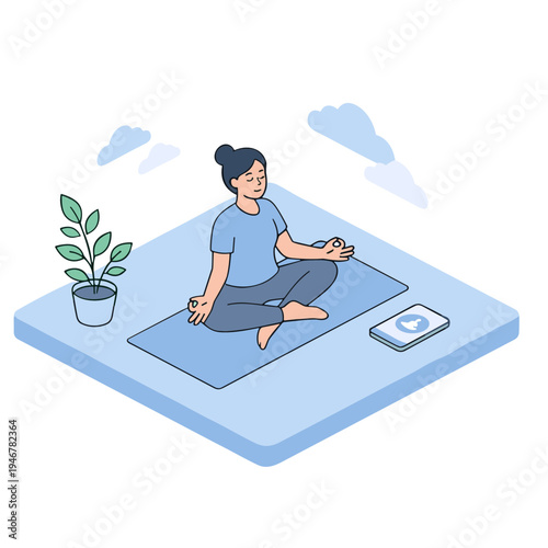 Woman practices yoga on a mat in a serene outdoor setting with a plant and device