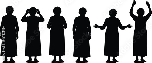 Silhouette illustration of woman in long dress showing expressive poses, representing emotion, gesture, communication, and symbolic storytelling through body language and movement