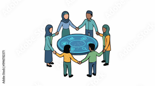 Diverse group of people holding hands in circle around glowing blue table illustration teamwork and unity concept