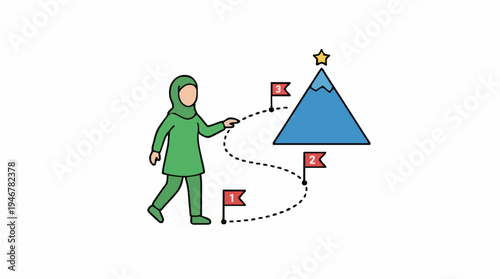Woman in Green Hijab Navigates Dotted Path with Flags Towards Mountain Peak Star Goal White Background