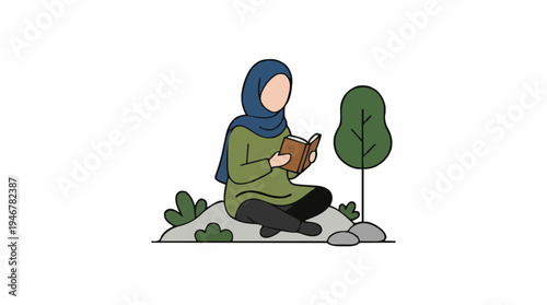 Woman Wearing Blue Hijab and Green Top Reading Book Outdoors Sitting on Rocks Surrounded by Green Plants and Trees Calm Outdoor Scenery