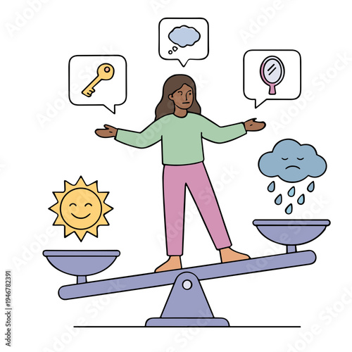 A woman balances on a seesaw surrounded by a sun, raincloud, key, and mirror.