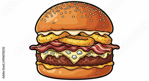 A stacked, layered burger with sesame seed bun, crispy onion rings, bacon, and cheese