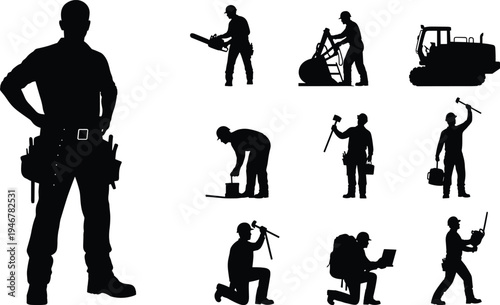 Silhouette illustration of construction and labor workers performing diverse tasks with tools, machinery, and equipment, representing industry, teamwork, and occupational professions concept