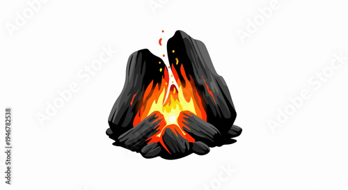 Glowing campfire with black logs and vibrant orange and yellow flames