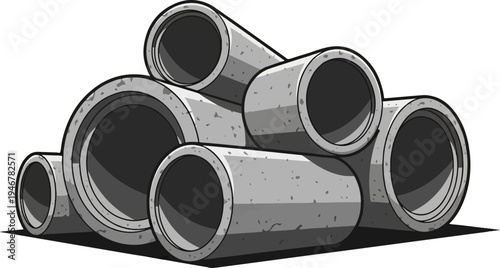 A cluster of grey concrete pipes, varying in size, stacked together in a jumbled arrangement