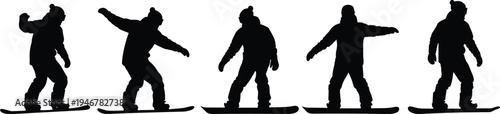 Dynamic silhouettes of snowboarders in motion sequence, winter sports athletes balancing and maneuvering on snowboards, showcasing action, energy, posture, and adventure in snowy mountain environment