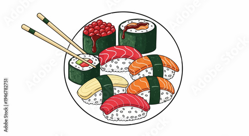 A plate of assorted sushi and rolls served with chopsticks