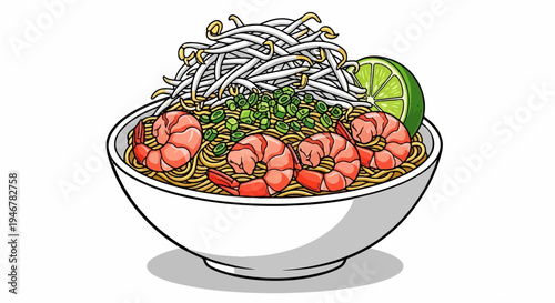 A bowl of appetizing noodles with succulent shrimp, crunchy sprouts, and a lime wedge