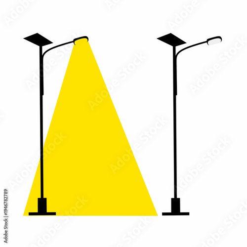 Vector illustration of a street light on a white background. The street light is on with a yellow beam and the street light is off.