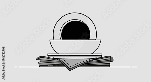 A minimalist stack of plates, a bowl, and folded napkins on a light gray surface