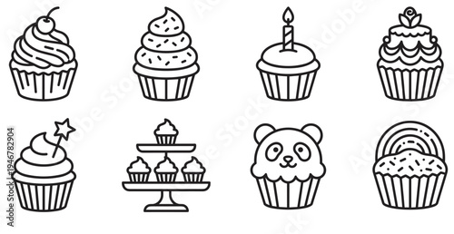 cupcake outline icon set with bakery desserts, muffin cakes, panda cupcake, rainbow cupcake and frosting cream sweets isolated on transparent background